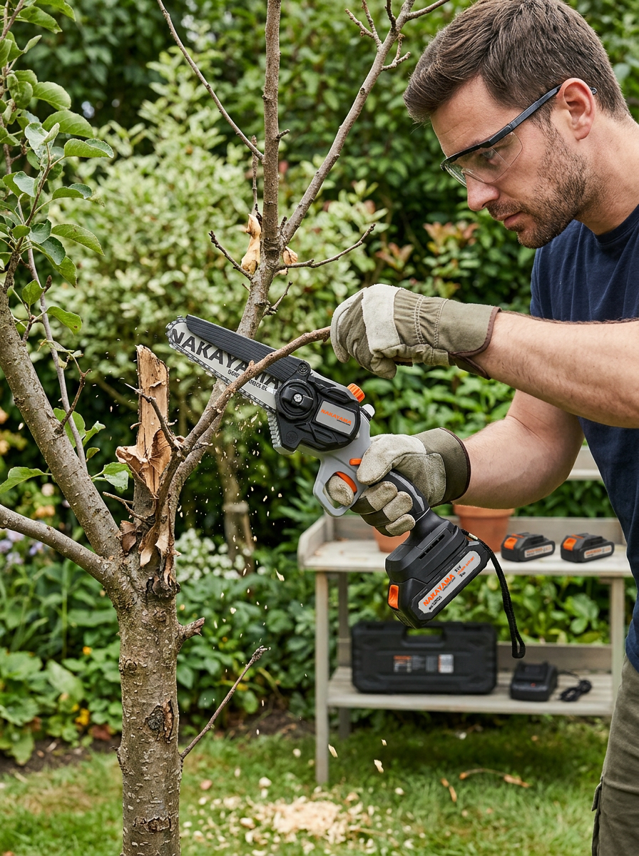 CORDLESS MINI CHAINSAW 21V, BRUSHLESS, BAR 15cm, 1kg,CHAIN 1/4'' 1,1mm 37Links, 10m/s, 2x2Ah Li-Ion - Imagen 8