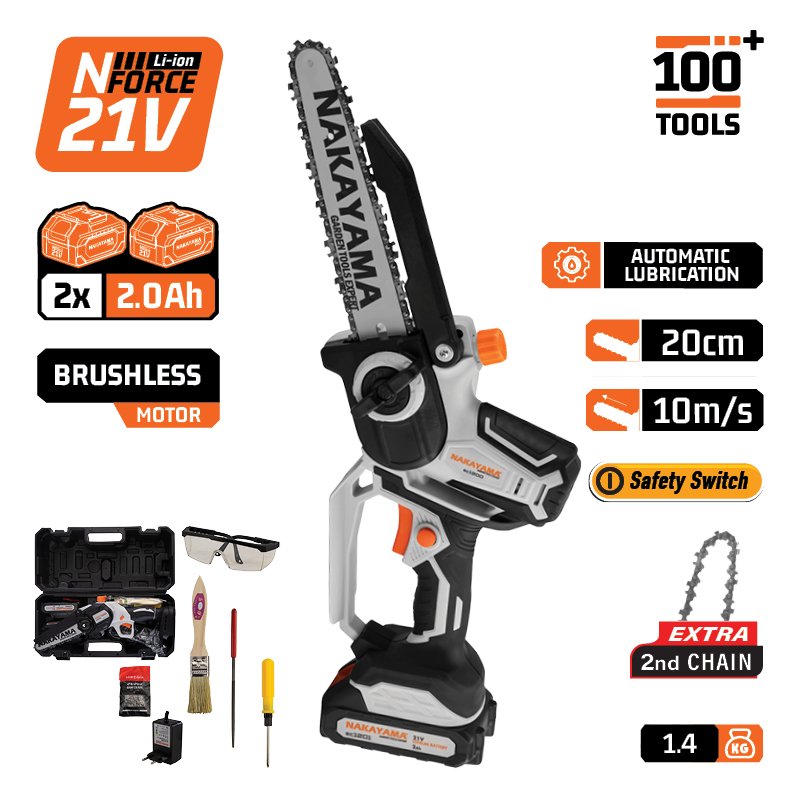 CORDLESS MINI CHAINSAW 21V, BRUSHLESS, BAR 20cm, 1,3 kg, CHAIN 1/4"1.1mm 46Links, 10m/s, 2x2Ah Li-Io