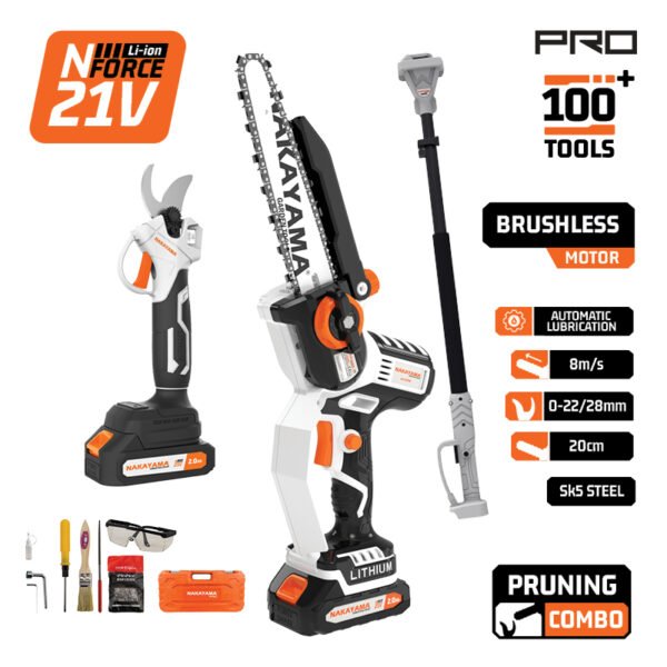 NAKAYAMA Pro SET CORDLESS CHAINSAW AND PRUNING SHEAR,BRUSHLESS,EXTENTION 1,2-1.9m, 2x2Ah,BMC