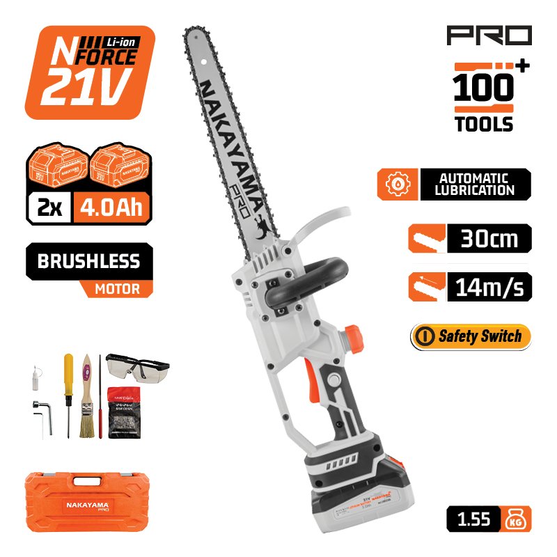 CORDLESS MINI CHAINSAW 21V, BRUSHLESS, BAR 30cm, 2kg,CHAIN 1/4''1,1mm, 62Links 14m/s, 2x4Ah Li-Ion