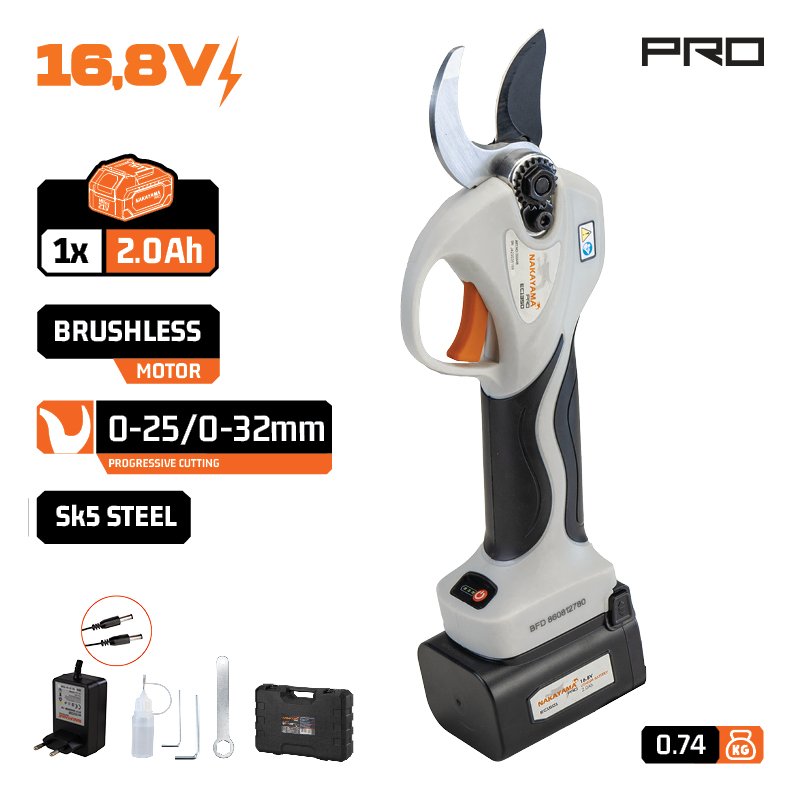 BATTERY PRUNING SHEARS 16.8V,PROGRESSIVE CUT 0-25/0-32mm, 740gr, BATTERY 2Ah Li-Ion, CASE