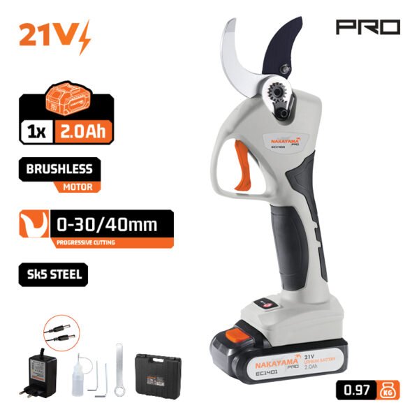 BATTERY PRUNING SHEARS 21V, BRUSHLESS, DOUBLE CUTTING, CAPACITY 0-30/0-40mm,970gr, BMC CASE, BATTERY