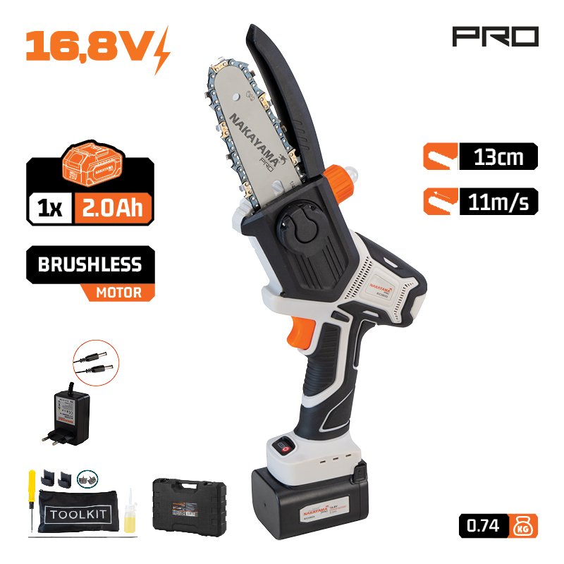CORDLESS MINI CHAINSAW 16.8V, BRUSHLESS, 880gr, 13cm BAR,CHAIN 1/4" 32Link 8m/s, 2.0Ah Li-Ion, CASE