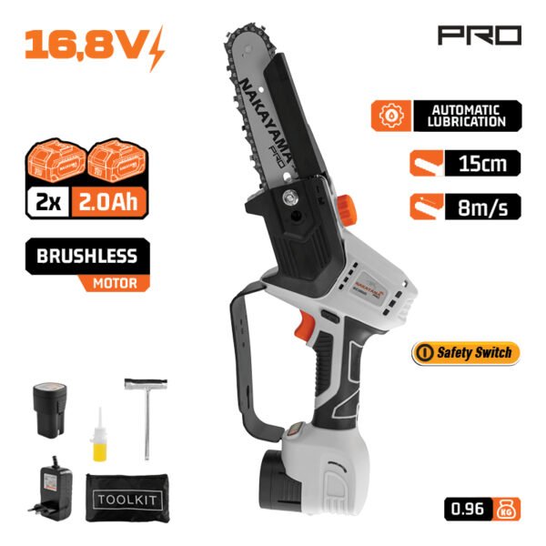 CORDLESS MINI CHAINSAW 16.8V, BRUSHLESS, 990gr, 15cm BAR,CHAIN 1/4" 38Links 8m/s, 2x2.0Ah