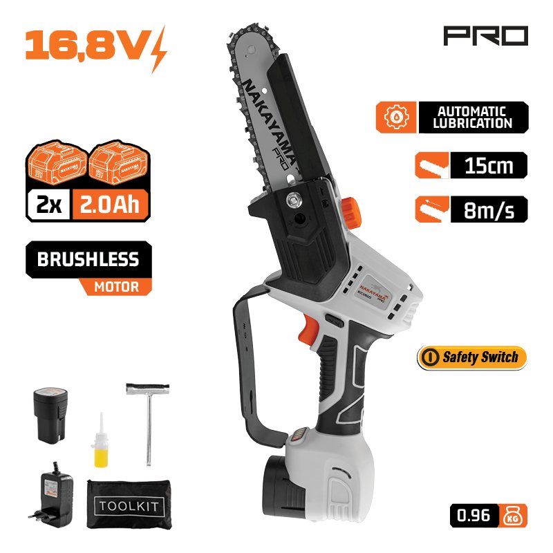 CORDLESS MINI CHAINSAW 16.8V, BRUSHLESS, 990gr, 15cm BAR,CHAIN 1/4" 38Links 8m/s, 2x2.0Ah