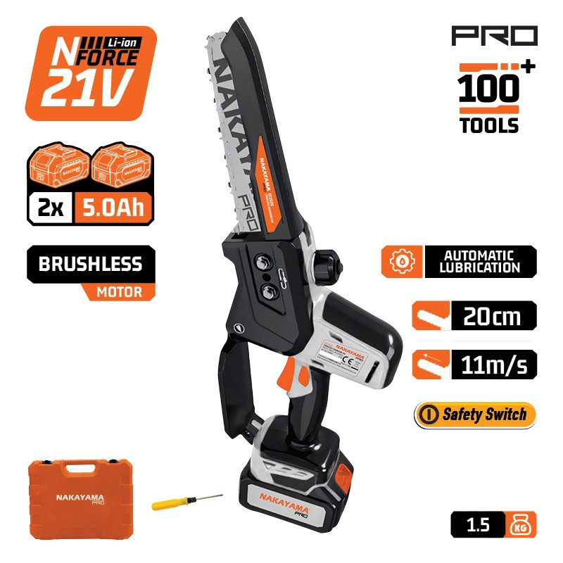 PRUNING BATTERY CHAINSAW 21V, BRUSHLESS, 20cm BLADE, 1.4Kg, 1/4"1.1mm 47Link 11m/s, 2x5Ah, AUTOMATIC