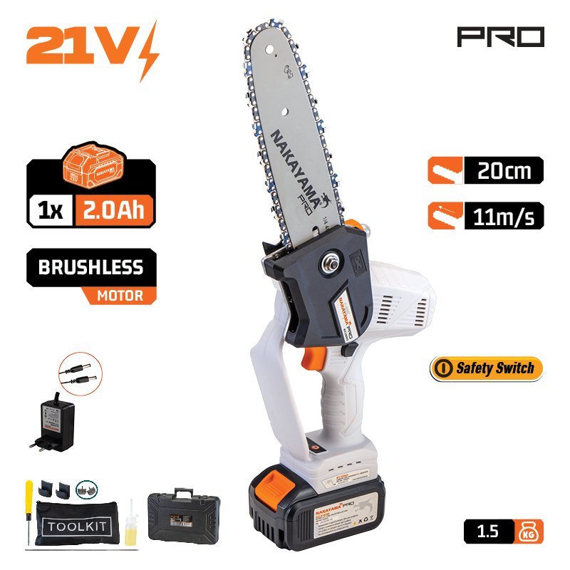 CORDLESS MINI CHAINSAW 21V, BRUSHLESS, 1500gr, 20cm BAR,CHAIN 1/4" 48Link 8m/s, 4.0Ah Li-Ion, CASE