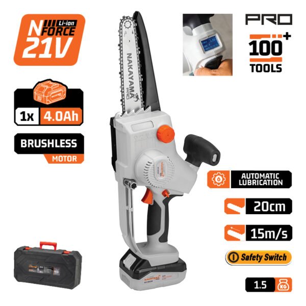 CORDLESS MINI CHAINSAW 21V, BRUSHLESS, 1500gr, 20cm BAR,CHAIN 1/4" 47Links 15m/s, 4.0Ah, BMC CASE