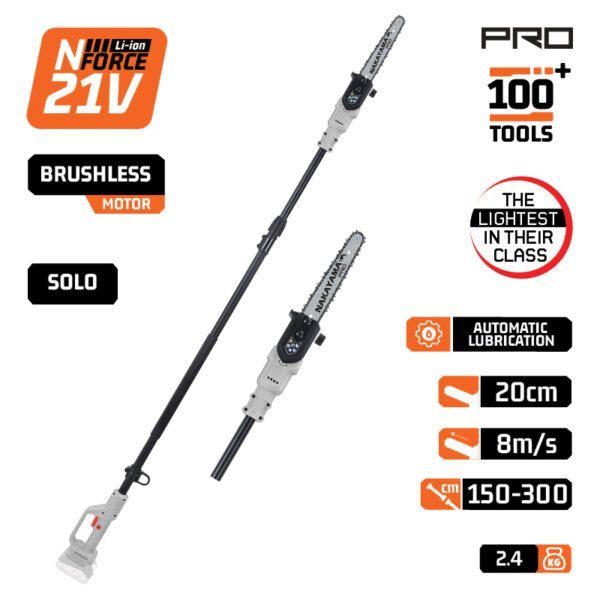 TELESCOPIC CORDLESS POLE SAW 21V, BAR 20cm, 2,3Kg, AUTOMATIC LUBRICATION SOLO