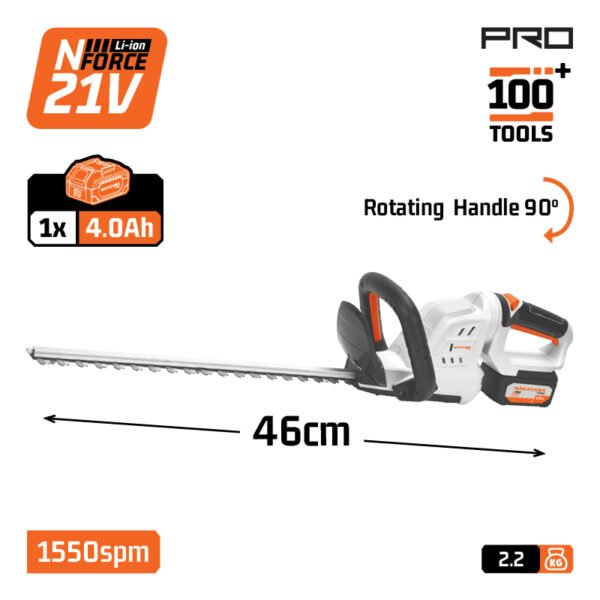 NAKAYAMA Pro EC1651X4 CORDLESS HEDGETRIMMER 21V,Li-Ion,46cm,ROTATING HANDLE 90°,1x4Ah , Li-Ion