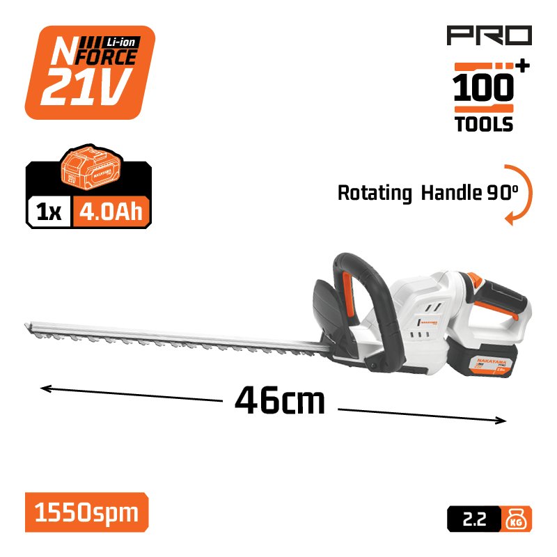 NAKAYAMA Pro EC1651X4 CORDLESS HEDGETRIMMER 21V,Li-Ion,46cm,ROTATING HANDLE 90°,1x4Ah , Li-Ion