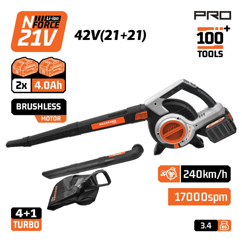 NAKAYAMA Pro EC1715X44 CORDLESS BLOWER VACUUM CLEANER 42V,BRUSHLESS,288km/h,2x4.0ah,DUAL 4A