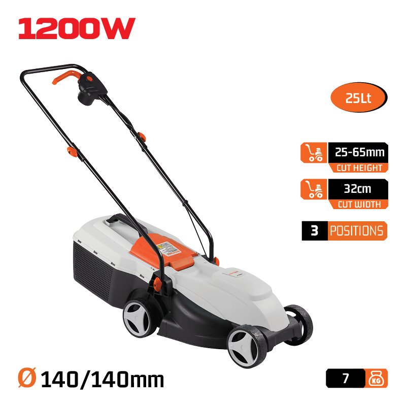 ELECTRIC LAWNMOWER 1200W, CUT 32cm, COLLECTION BAG 25L,HEIGHT ADJUSTMENT:3 POS. (25-65mm)