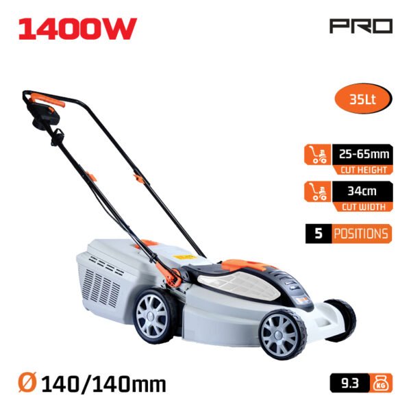 ELECTRIC LAWNMOWER 1400W, CUT 34cm, COLLECTION BAG 35L, CENTRAL HEIGHT ADJUSTMENT:3 POS. (25-65mm)