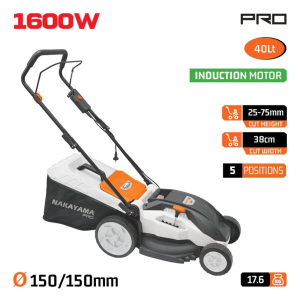 ELECTRIC LAWNMOWER 1600W, INDUCTION MOTOR, CUT 38cm, COLLECTION BAG 40L, CENTRAL HEIGHT ADJUSTMENT:5