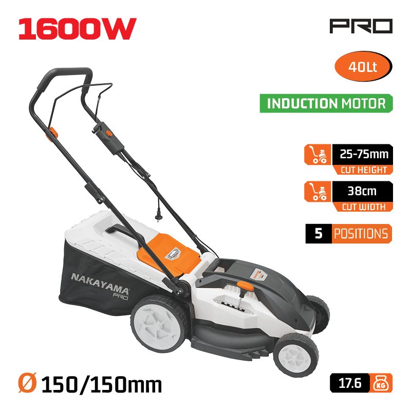 ELECTRIC LAWNMOWER 1600W, INDUCTION MOTOR, CUT 38cm, COLLECTION BAG 40L, CENTRAL HEIGHT ADJUSTMENT:5
