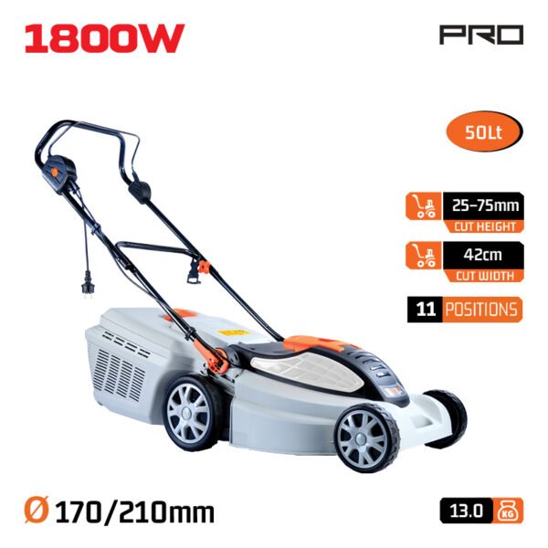 ELECTRIC LAWNMOWER 1800W, CUT 42cm, COLLECTION BAG 50L, CENTRAL HEIGHT ADJUSTMENT: 5 POS. (25-75mm)