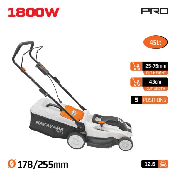 ELECTRIC LAWNMOWER 1800W, CUT 43cm, COLLECTION BAG 45L,HEIGHT ADJUSTMENT:5 POS. (25-75mm)
