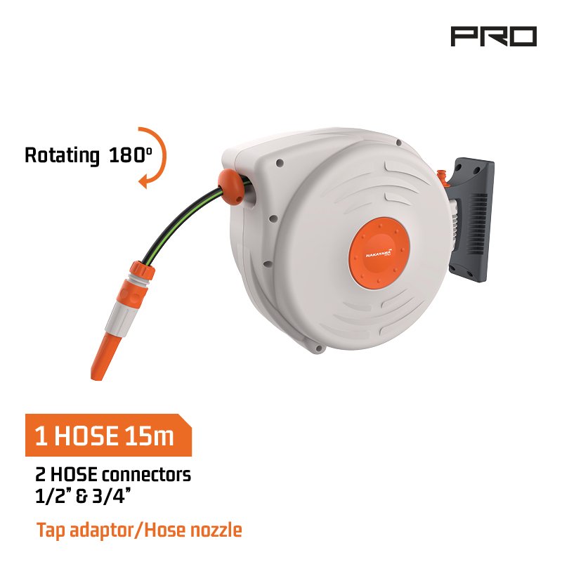 AUTO REWIND HOSE REEL 15m 1/2'' AND 4 ACCESSORIES, SWIVEL 180°