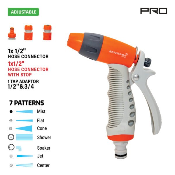 ADJUSTABLE SPRAY GUN SET, 4 PCS, WITH HOSE CONNECTOR, HOSE CONNECTOR WITH STOP AND TAP ADAPTOR