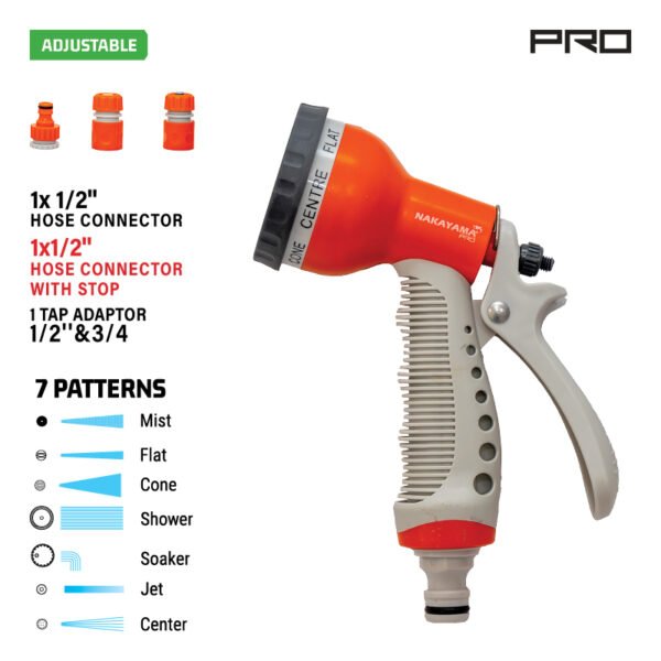 ADJUSTABLE SPRAY GUN SET, 4 PCS,7 PATTERNS WITH HOSE CONNECTOR, HOSE CONNECTOR WITH STOP AND TAP ADA