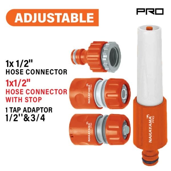ADJUSTABLE HOSE NOSE, 1/2'' HOSE CONNECTOR, 1/2''WATER STOP HOSE CONNECTOR, 1/2'' & 3/4'' TAP ADAPTO