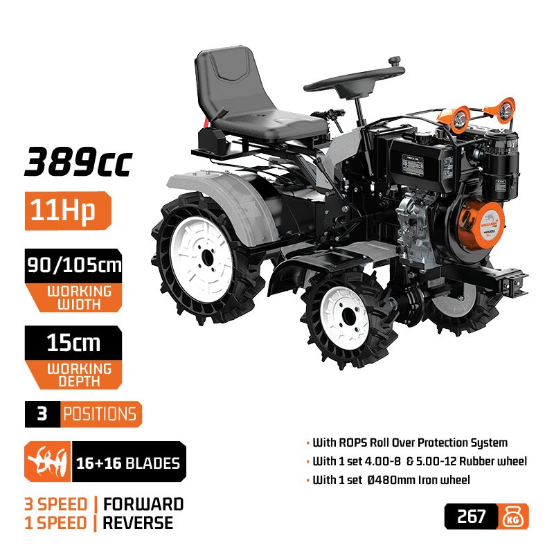 DIESEL MINI CULTIVATOR / TRACTOR 4WD/2WD, 11Hp, E-START, 1050mm, 3+1 speed. 16+16BLADES