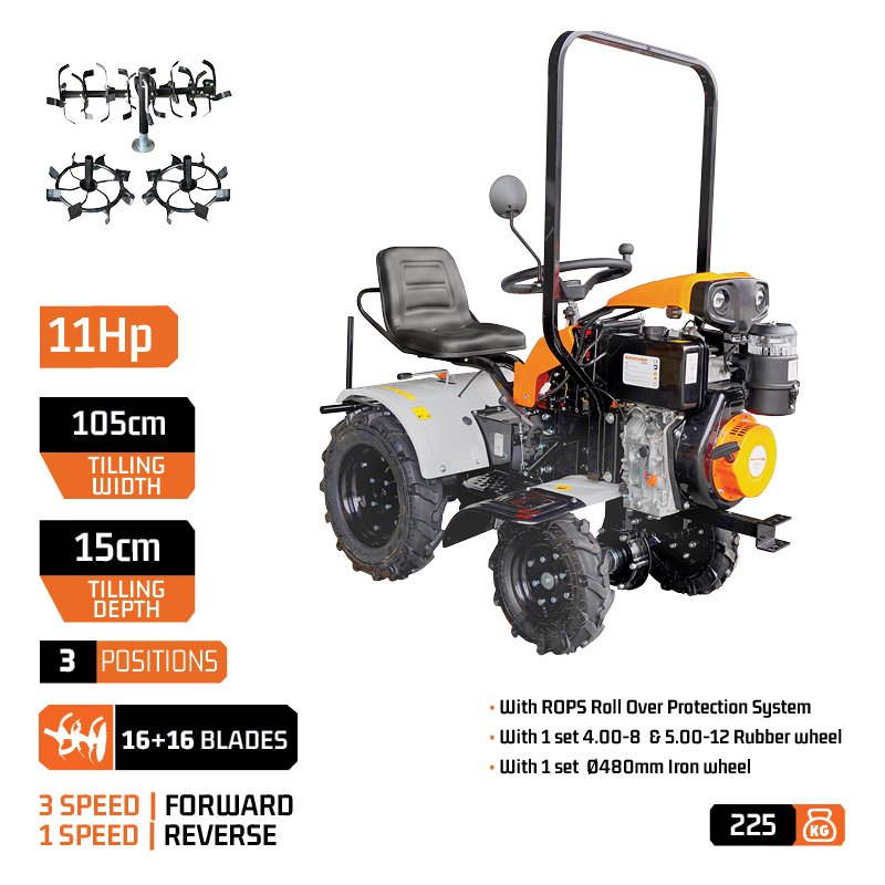 DIESEL MINI CULTIVATOR / TRACTOR 4WD/2WD, 11Hp, E-START, 1050mm, 3+1 speed. 16+16BLADES