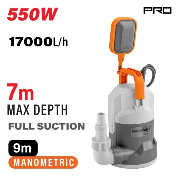 SUBMERSIBLE PUMP WITH FLOATER 550W , 17000lt/h , 9m , 5mm , LOWEST SUCTIONG LEVEL 1mm