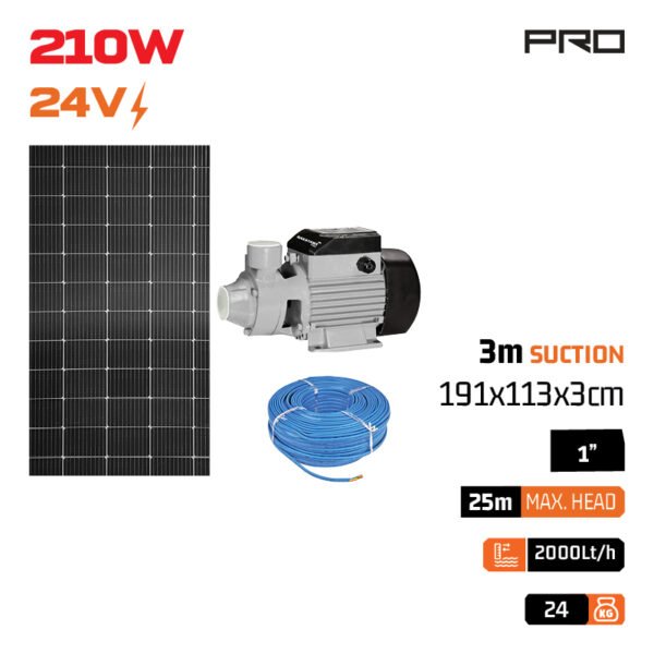 PHOTOVOLTAIC WATER PUMP 24V, 210W, 0.28HP, 2m³/H, MAXIMUM PRESSURE 25m, OUTLET: 1", SET