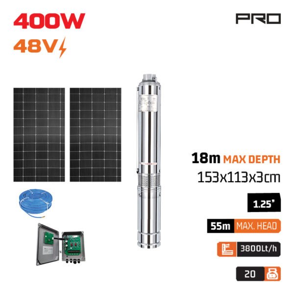 PHOTOVOLTAIC WATER PUMP 48V, 400W, 0,55HP, 3,8m³/H, MAXIMUM PRESSURE 55m, OUTLET: 1,25", SET
