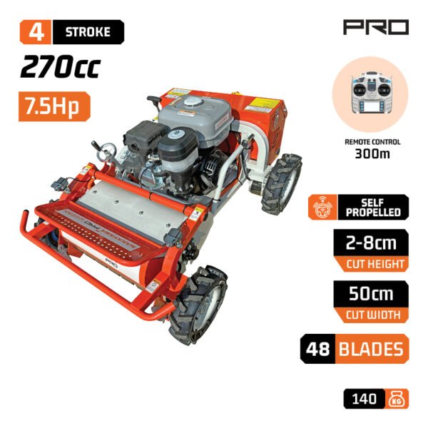 REMOTE CONTROLLED FLAIL LAWN MOWER 5.8KW PETROL, WITH 48HAMMERS, CUT. WIDTH 50cm, CUT. HEIGHT 3-8cm
