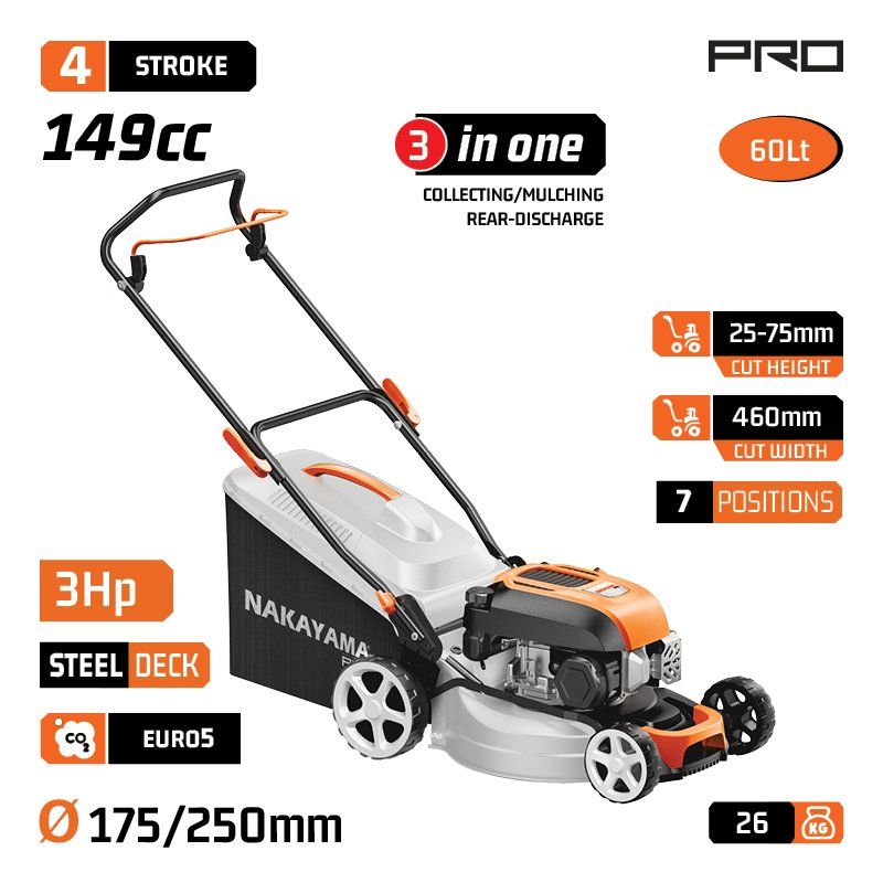 NAKAYAMA Pro PM5460 PUSH GASOLINE LAWNMOVER 149cc,46cm ,60L,8 POSITIONS