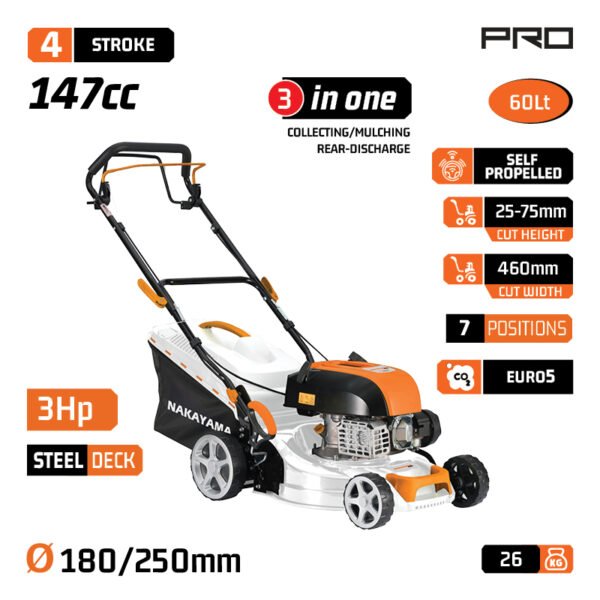 NAKAYAMA Pro PM5465 SELF PROPELLED GASOLINE LAWNMOVER 149cc,46cm,60L