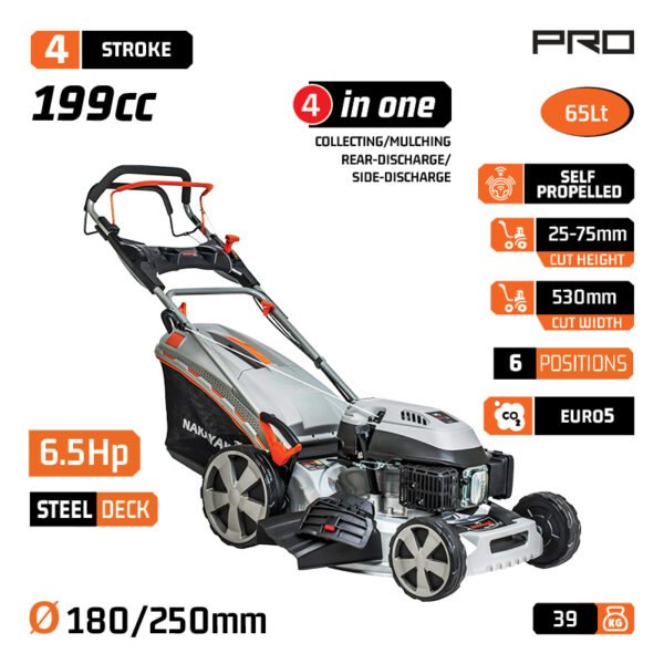 SELF-PROPELLED GASOLINE LAWNMOVER 196cc, BLADE 53cm , COLLECTION BAG 65LT , CENTRAL HEIGHT ADJUSTMEN