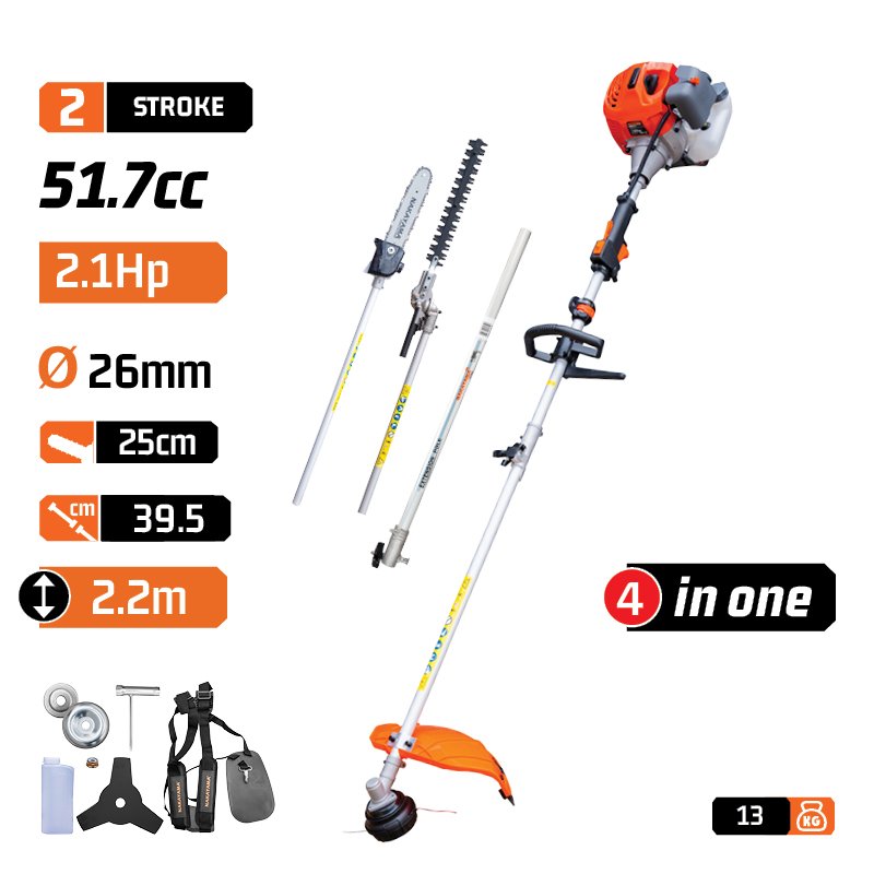 GASOLINE MULTITOOL 4 ΙΝ 1, 51,7cc, 2,1Hp, BAR 25cm, CHAIN 3/8LP, 1,3mm, EXTENSION 1m