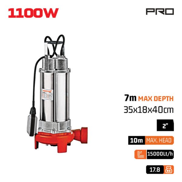 DIRTY WATER SUBMERSIBLE PUMP 1100W, 10m,2'' (15000l/h)