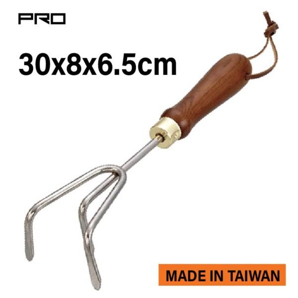CULTIVATOR W/ STAINLESS STEEL HEAD, ASH WOOD HANDLE WITH LEATHER STRAP