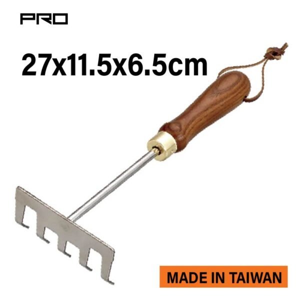 RAKE W/ STAINLESS STEEL HEAD, ASH WOOD HANDLE WITH LEATHER STRAP