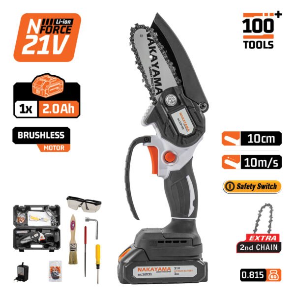CORDLESS MINI CHAINSAW 20V, BRUSHLESS, BAR 10cm,815gr, 1/4"1.1mm 28links,11m/s,1x2ah