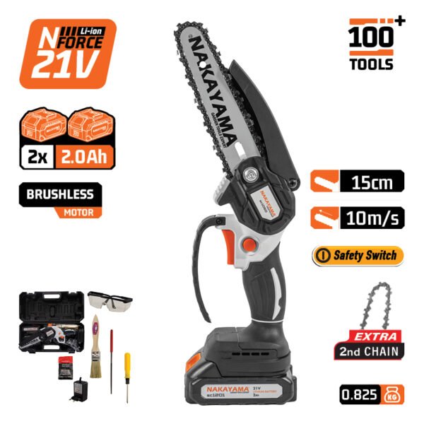 CORDLESS MINI CHAINSAW 21V, BRUSHLESS, BAR 15cm, 825gr, 1/4"1.1m 37links,11m/s,2x2ah
