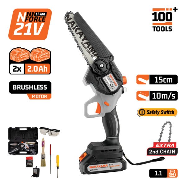 CORDLESS MINI CHAINSAW 21V, BRUSHLESS, BAR 15cm, 1kg,CHAIN 1/4'' 1,1mm 37Links, 10m/s, 2x2Ah Li-Ion
