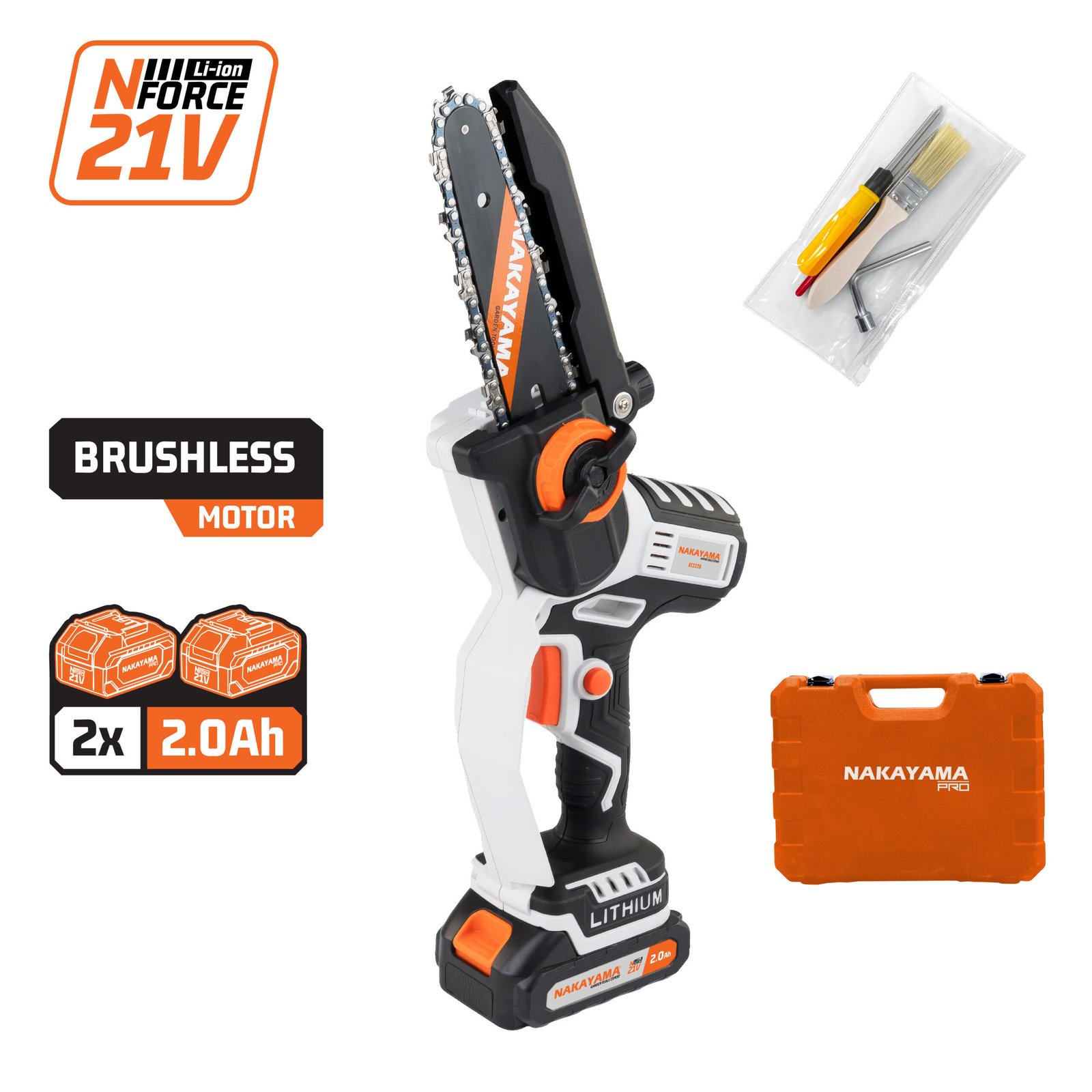 CORDLESS MINI CHAINSAW 21V, BRUSHLESS, BAR 15cm, 1kg,CHAIN 1/4'' 1,1mm 37Links, 10m/s, 2x2Ah Li-Ion