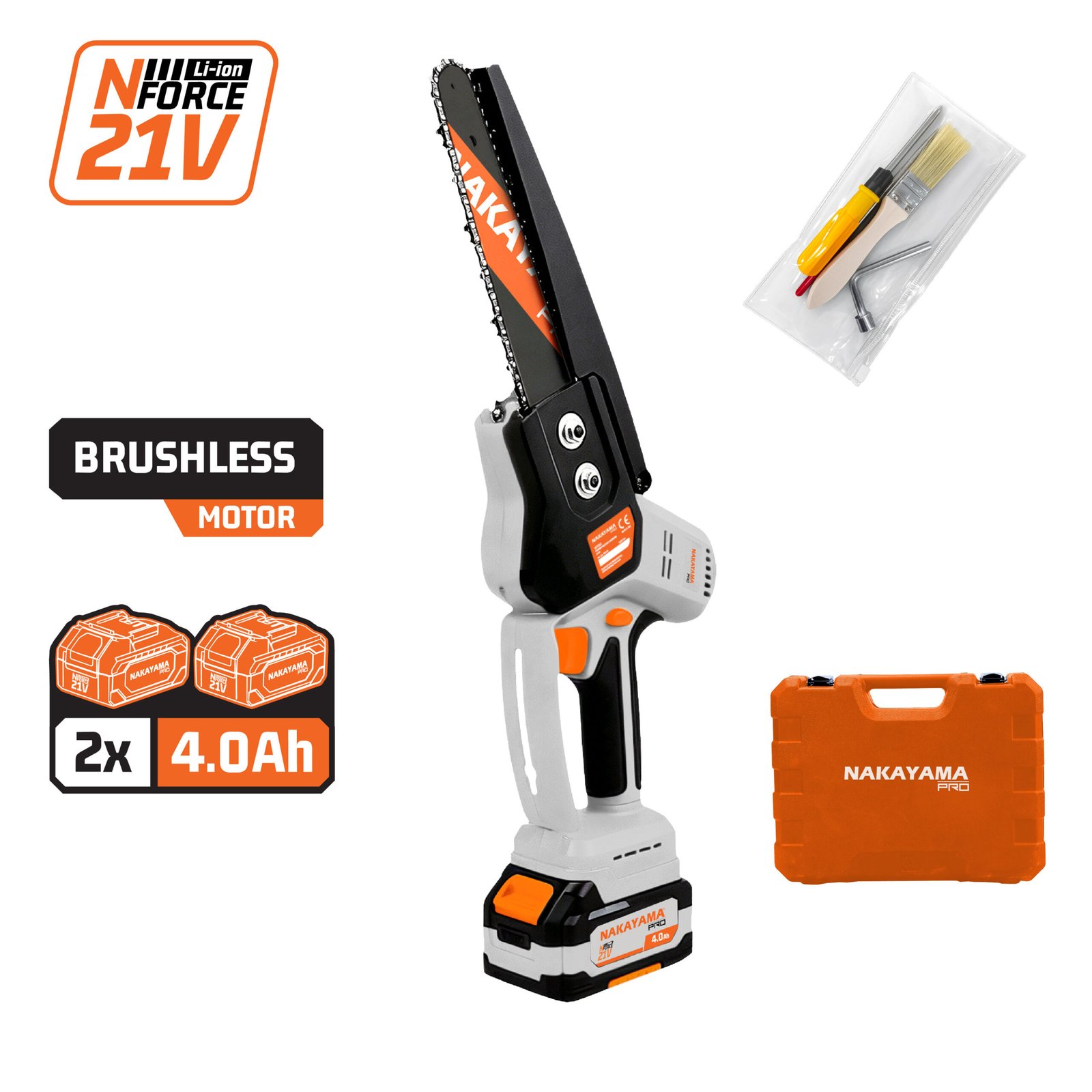 PRUNING BATTERY CHAINSAW 21V, BRUSHLESS, 20cm BLADE, 1.3Kg, 1/4"1.1mm 47Link 13m/s, 2x4Ah, AUTOMATIC