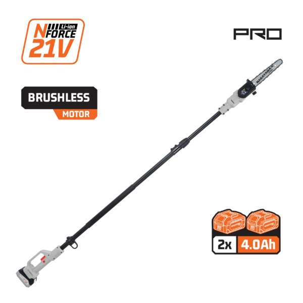 TELESCOPIC CORDLESS POLE SAW 21V, BAR 20cm, 2,3Kg, AUTOMATIC LUBRICATION 2x 4Ah