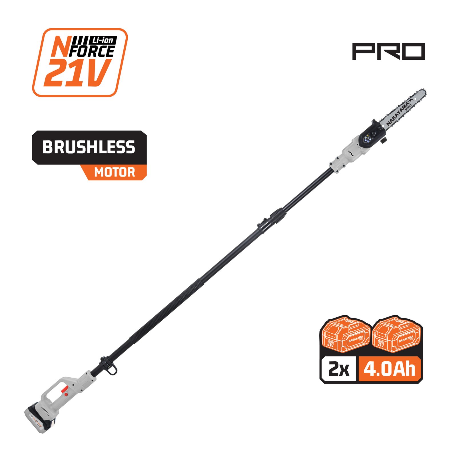 TELESCOPIC CORDLESS POLE SAW 21V, BAR 20cm, 2,3Kg, AUTOMATIC LUBRICATION 2x 4Ah