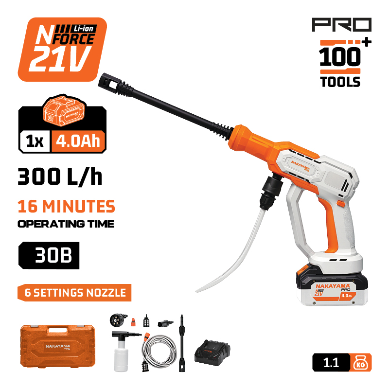CORDLESS WASHER 30BAR, 300lt/h , 1.5kg , 6 SETTINGS NOZZLE, BATTERY 4.0Ah , CHARGER , BMC